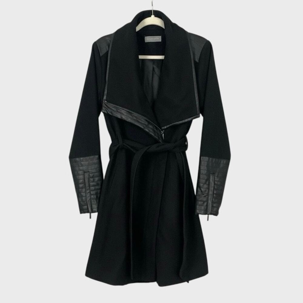 Bagatelle Black Faux Leather Trim Belted Moto Wrap Coat